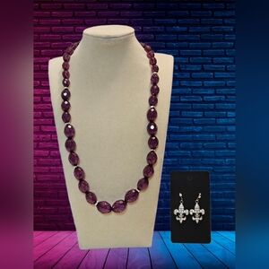 Purple Beaded Necklace and Silver Tone Fleur De Lis Earrings Set